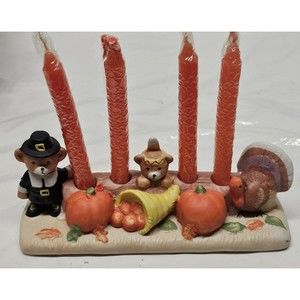 Thanksgiving Harvest Pilgrim Bears Pumpkins Turkey 4-way Candle Holder